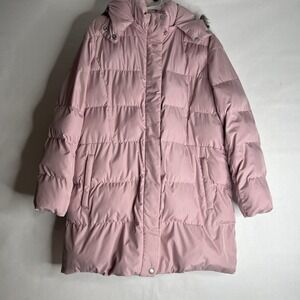Talbots Coat Jacket Womens Pink Puffer Coat Faux Fur‎ Hood Full Zip Size Large